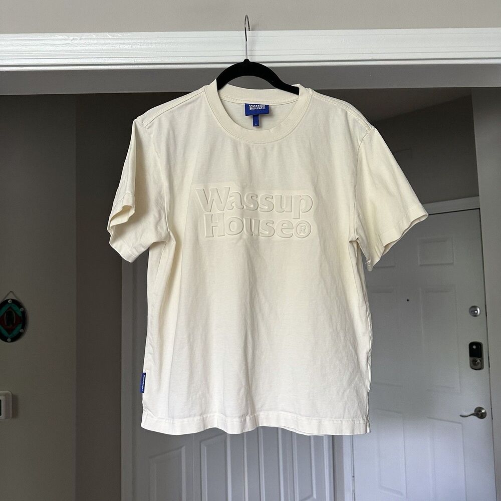Mens Wassup House T Shirt Beige 3D Bubble Letter Graphic Casual Cream Top Sz S